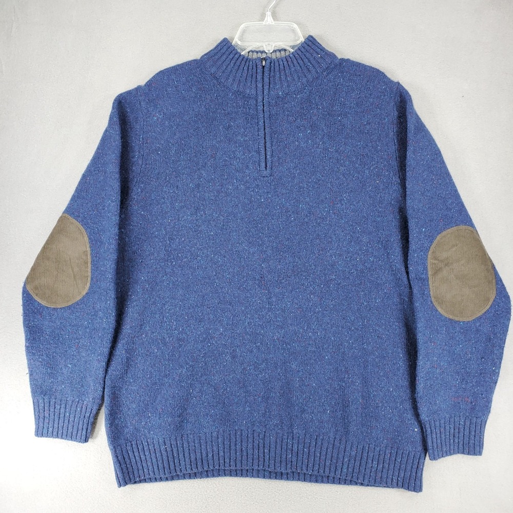 LL Bean Sweater Mens XL Blue‎ 1/4 Zip Wool Shetland Elbow Patches Casual